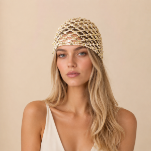 Chapeau Tissé À La Main En Coton Uni Ajouré Et Orné De Sequins, Collection Simple Series. h5 Image3