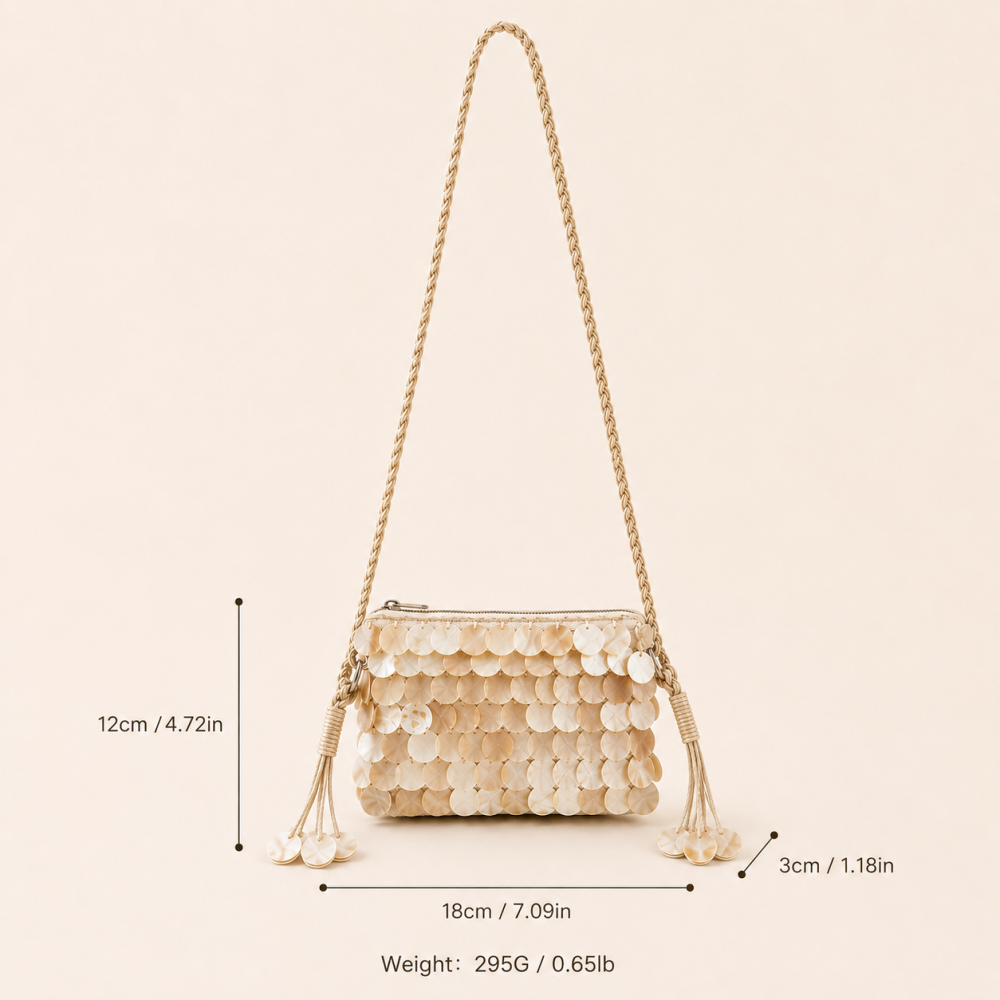 Sac Carré Pour Femme, Style Soirée, Tissé À Sequins, Uni, À Pompons Et Orné De Coquillages.