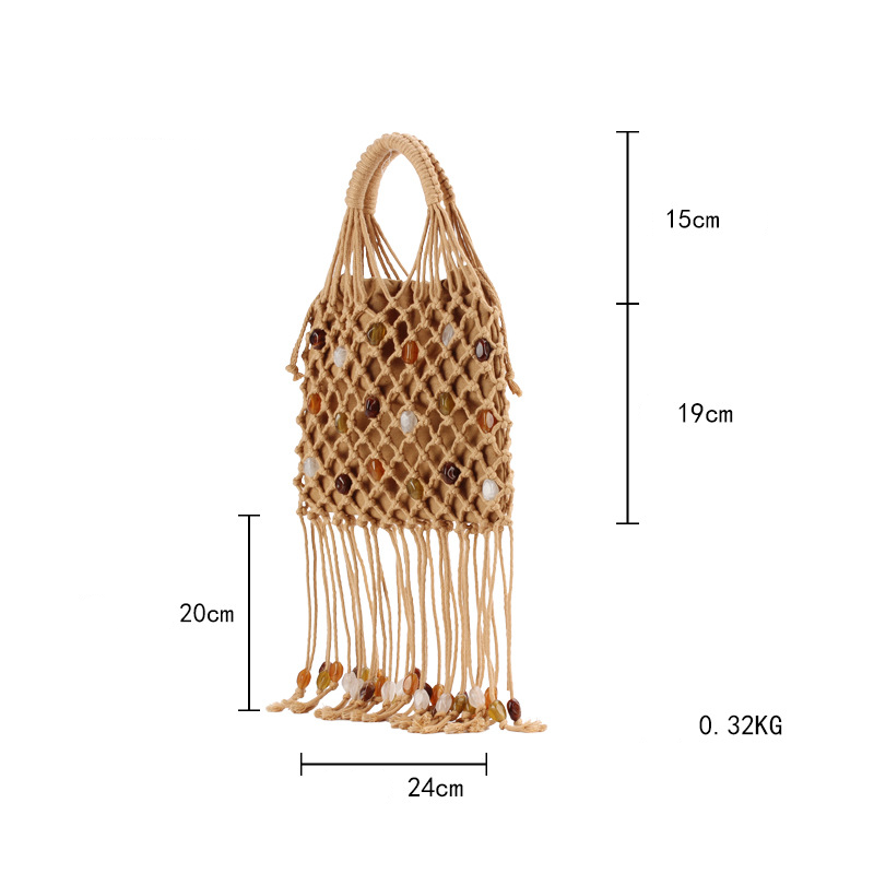 Sac Carré Pour Femme Avec Pompons, Perles Et Corde Tressée Ajourée, Style Vacances Image2