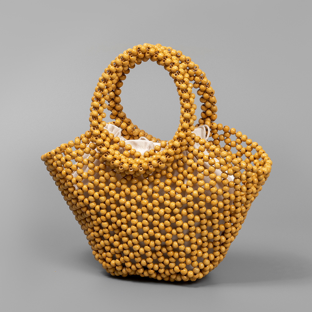 Sac Trapèze Femme En Bois Ajouré Tissé Uni Avec Perles Style Vacances h5Image2