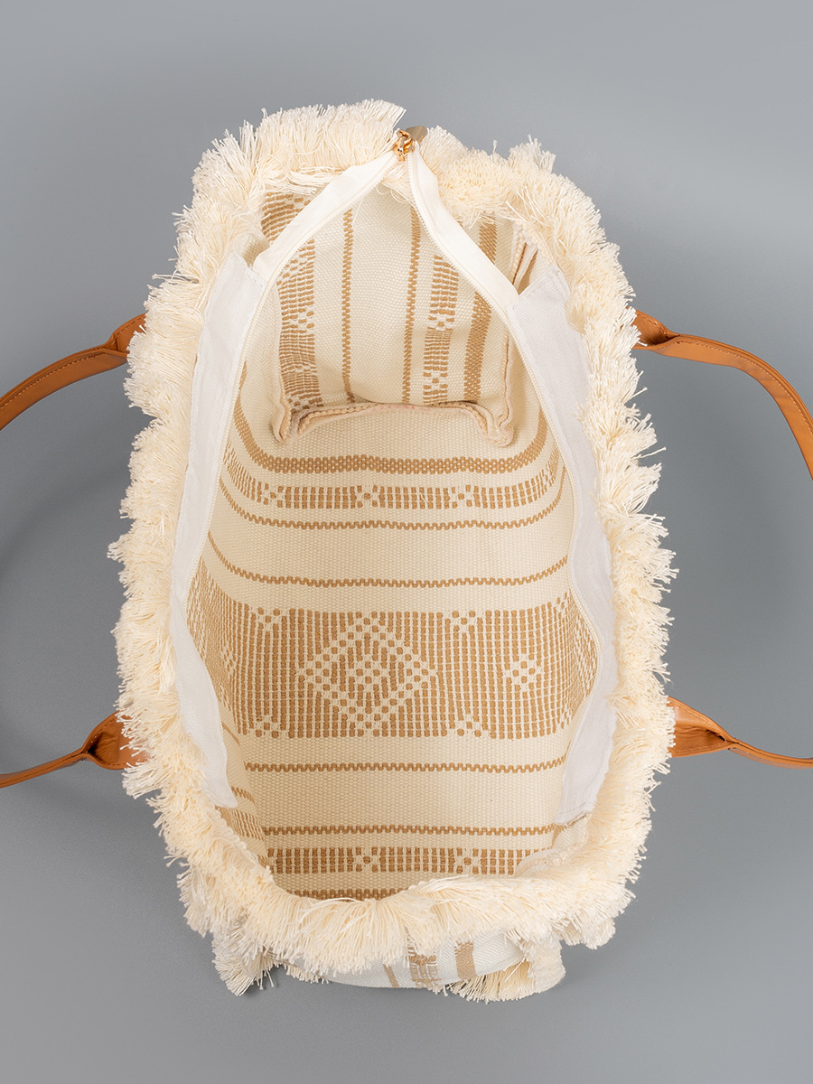 Sac Cabas Femme En Toile À Pompons Géométriques Style Décontracté h5Image4