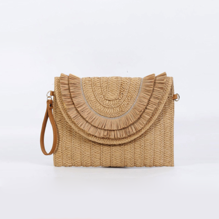 Sac carré femme en raphia tissé à pompons, couleur unie, style vacances