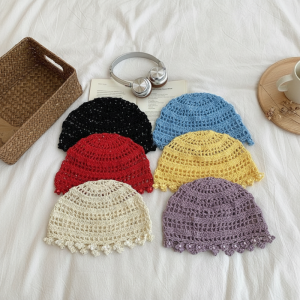 Chapeau Tissé À La Main En Coton Tissé Ajouré, Couleur Unie, De La Série Simple, Orné De Perles Et D'Un Pompon. h5 Image2