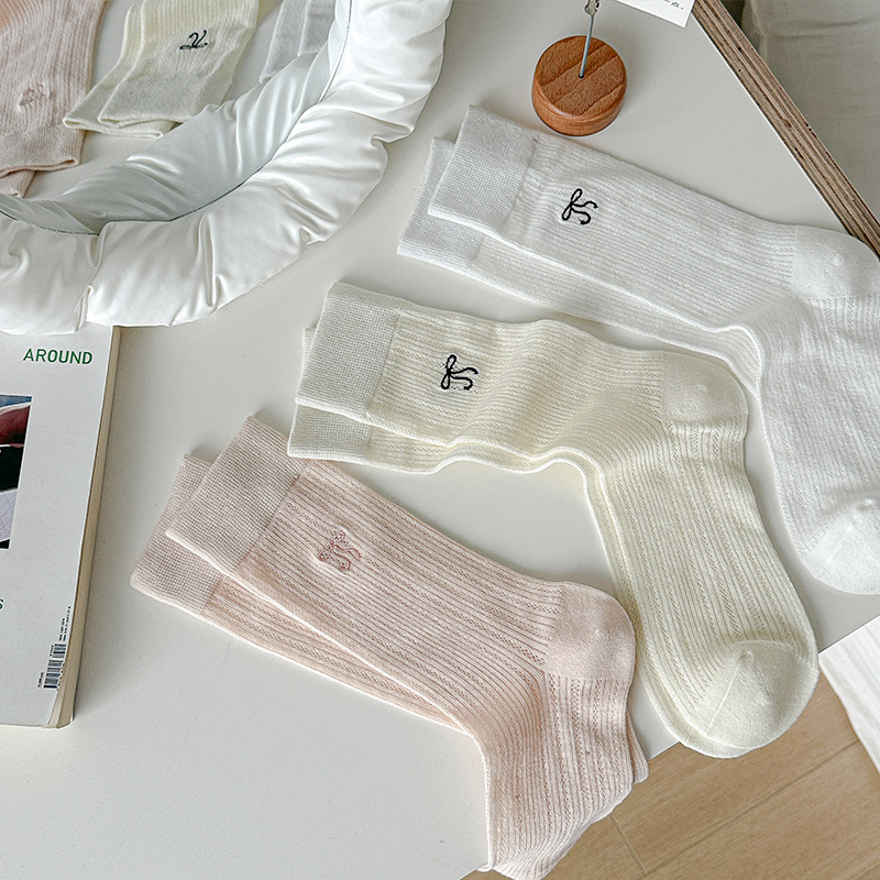 Chaussettes Mi-Mollet Basiques À Léger Rebond, Couleur Unie, Broderie Nœud Fin Image3