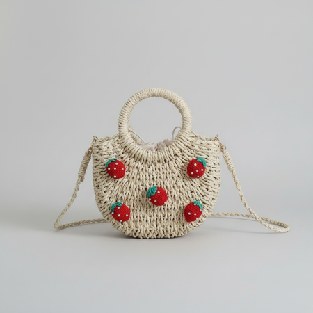 Sac rond femme en raphia tissé style vacances, motif cerises et fraises 2