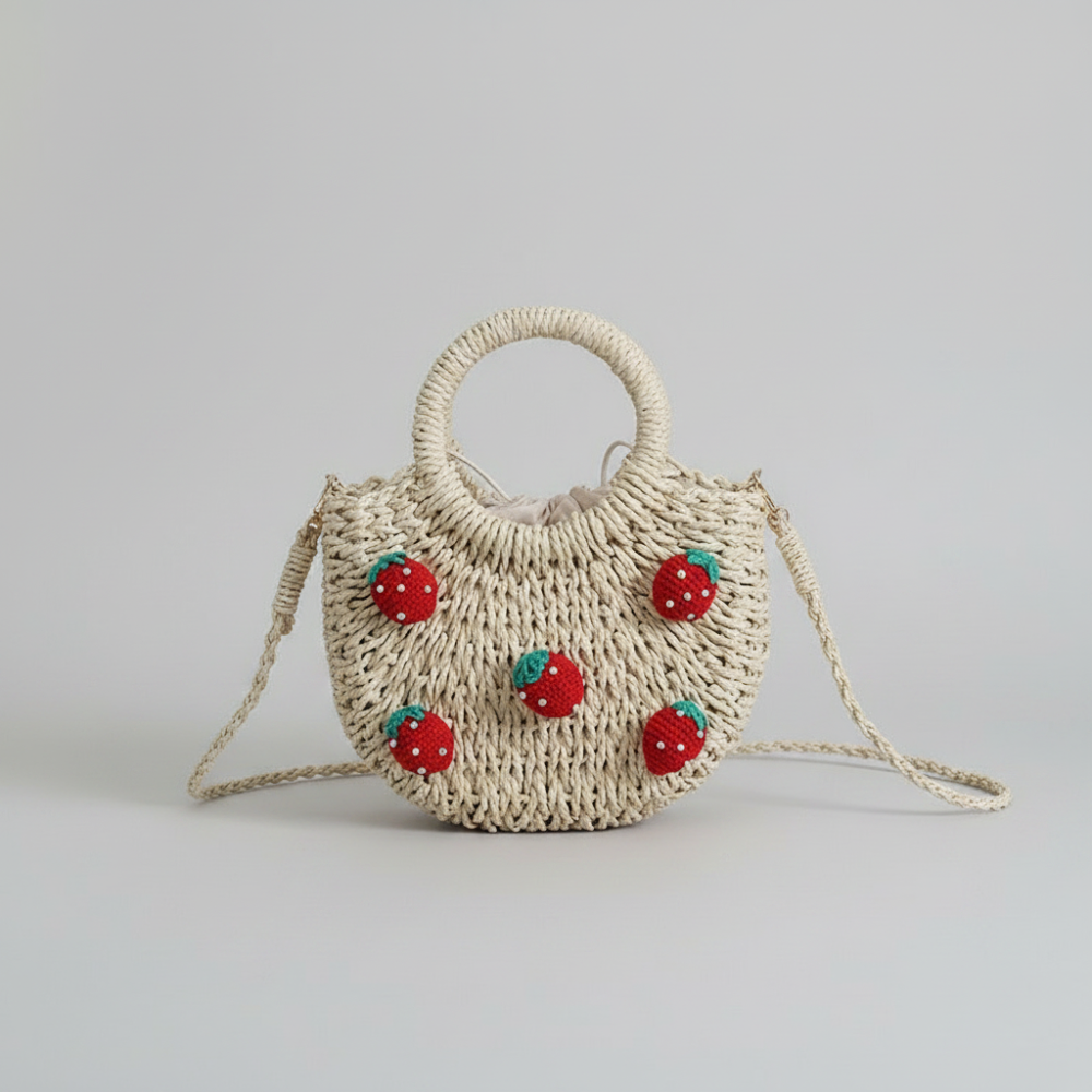 Sac Rond Femme En Raphia Tissé Style Vacances, Motif Cerises Et Fraises