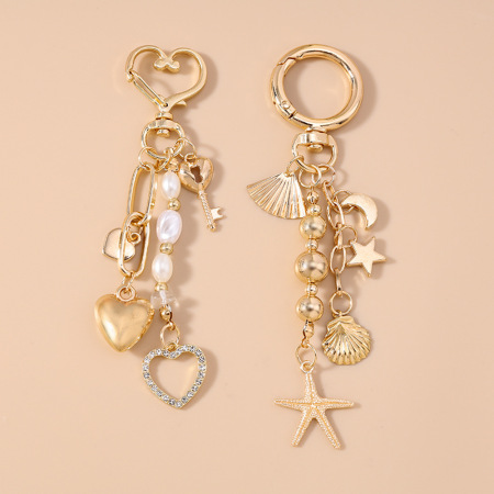 Porte-clés en alliage Simple Series Daily Heart, style océanique, perles lune, coquillage et étoile de mer.