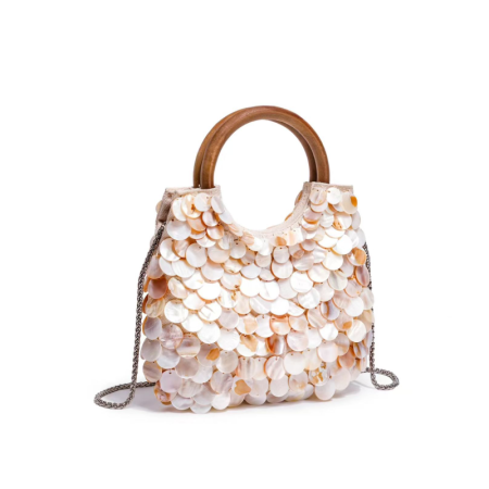 Sac rond pour femme, style décontracté, tissé à sequins, couleur unie, motif coquillages.