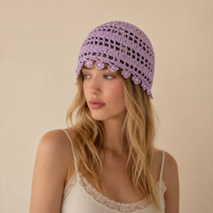 Chapeau Tissé À La Main En Coton Tissé Ajouré, Couleur Unie, De La Série Simple, Orné De Perles Et D'Un Pompon. h5 