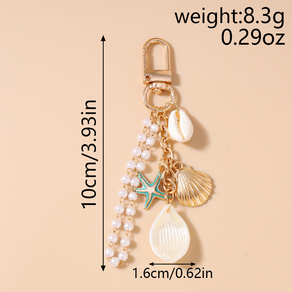 Porte-Clés Romantique Et Décontracté Style Océanique, Chaîne En Perles, Coquillage, Étoile De Mer Et Métal. 