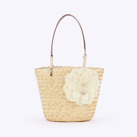 Sac cabas femme en raphia uni à motif floral tissé style vacances