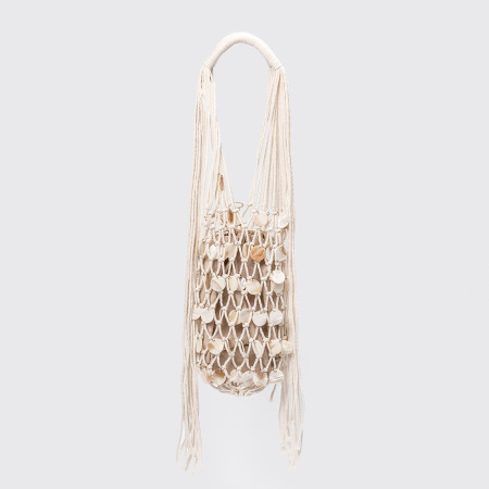 Sac rond pour femme à pompons style vacances, orné de coquillages tissés ajourés