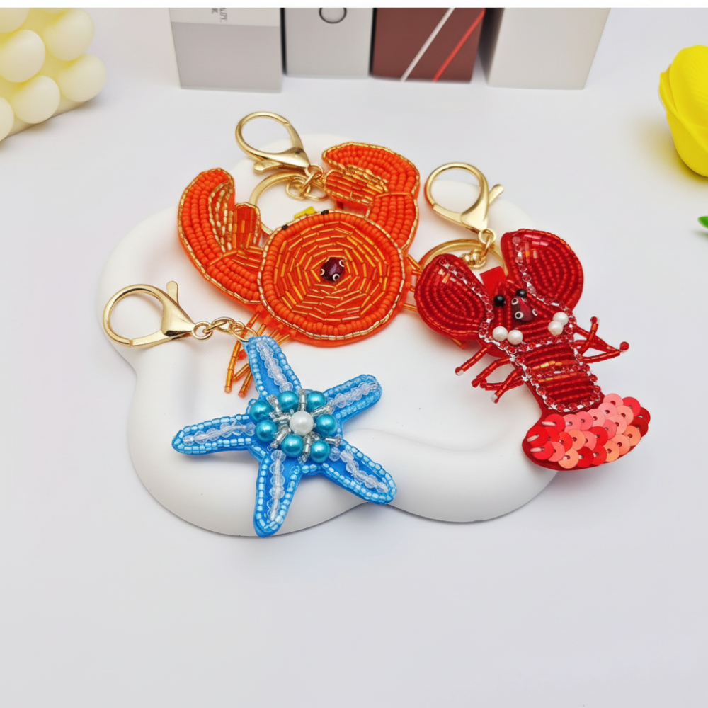 Porte-Clés De Luxe En Perles Artificielles Style Océanique, Motif Animaux Naturels, Poissons Et Étoiles De Mer h5Image2