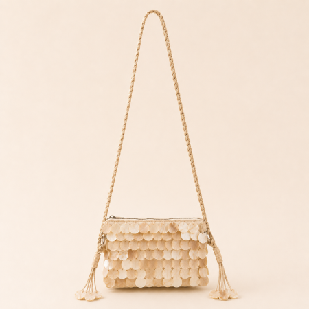 Sac carré pour femme, style soirée, tissé à sequins, uni, à pompons et orné de coquillages.
