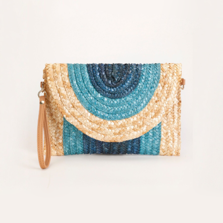 Sac carré femme en raphia tissé à rayures multicolores style vacances