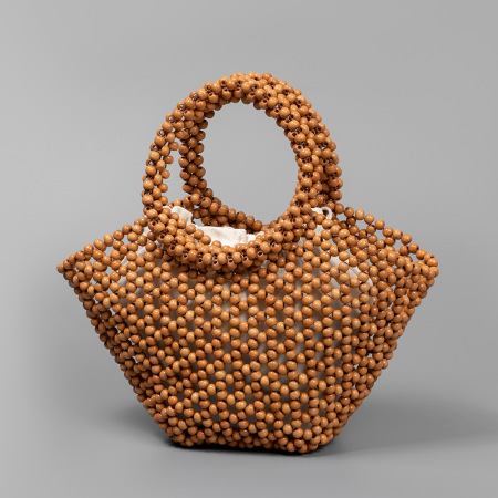 Sac Trapèze Femme En Bois Ajouré Tissé Uni Avec Perles Style Vacances