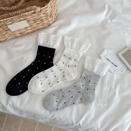 Chaussettes mi-mollet élégantes à pois en dentelle, légèrement rebondissantes
