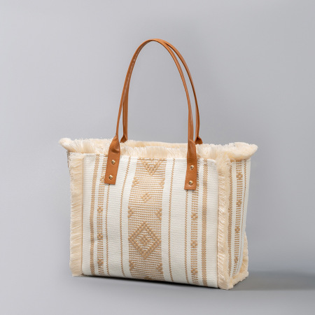 Sac Cabas Femme En Toile À Pompons Géométriques Style Décontracté