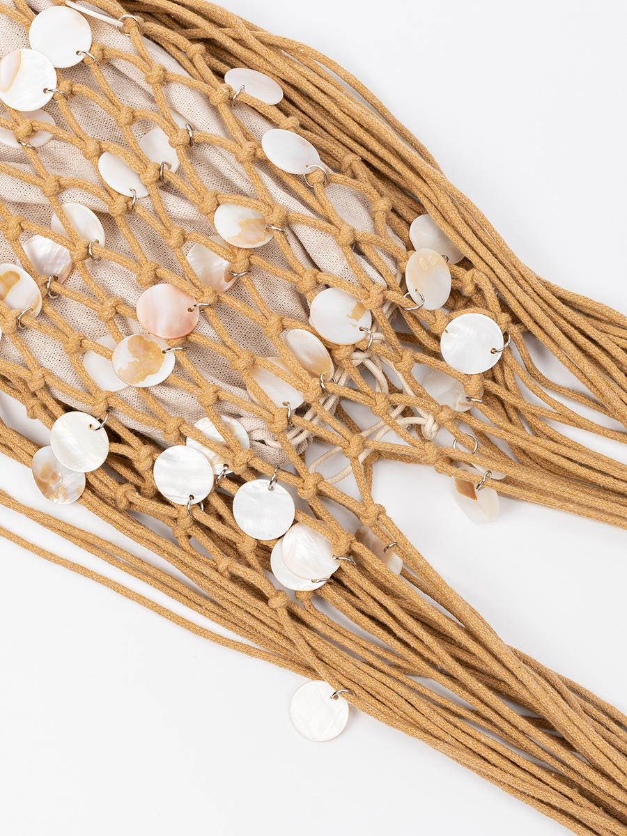 Sac Rond Pour Femme À Pompons Style Vacances, Orné De Coquillages Tissés Ajourés h5Image4