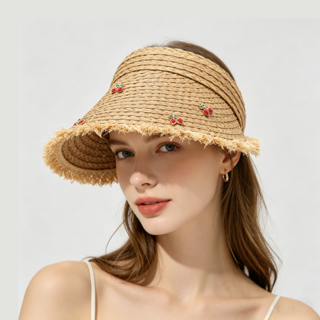 Chapeaux pour femmes en raphia tissé, couleur cerise unie, avec nœud floral décontracté et style simple, collection Simple Series