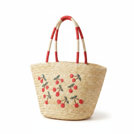 Sac trapèze femme en raphia tissé couleur cerise style vacances