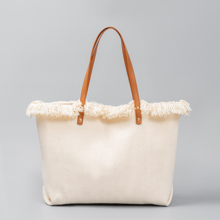 Sac cabas femme en toile unie à pompons, style décontracté 2