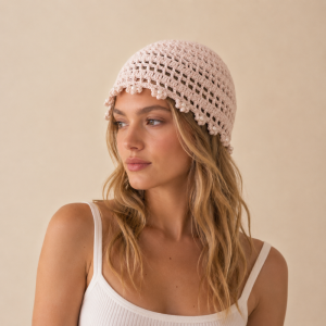 Chapeau Tissé À La Main En Coton Tissé Ajouré, Couleur Unie, De La Série Simple, Orné De Perles Et D'Un Pompon. h5 Image3