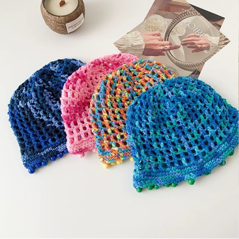 Chapeau Tricoté À La Main En Coton Tissé Ajouré À Pompons, Collection Ethnique h5Image3