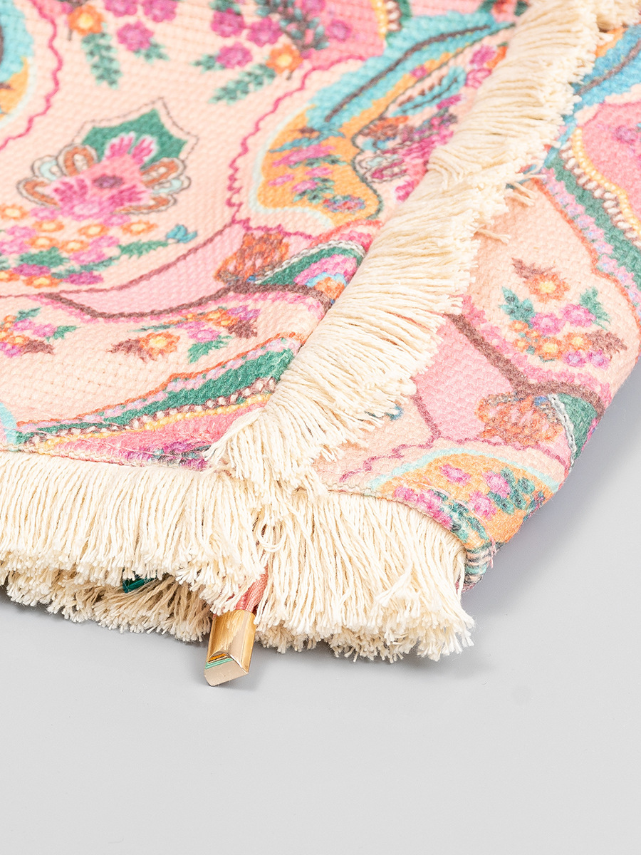 Sac Cabas En Toile Pour Femme, Style Bohème, À Pompons Floraux De Forme Irrégulière, Motifs Cachemire Multicolores Et Géométriques. Image5