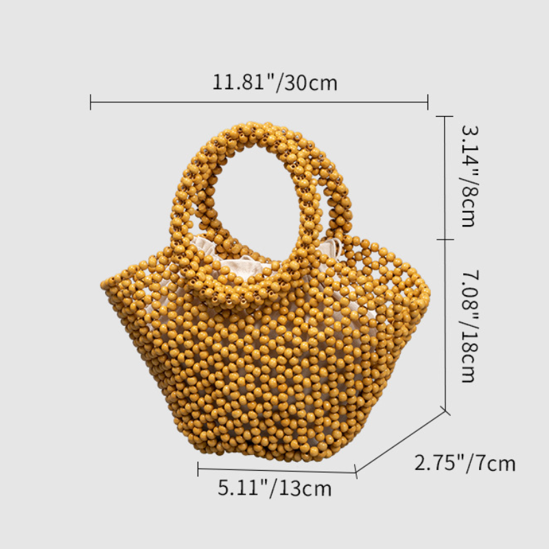 Sac Trapèze Femme En Bois Ajouré Tissé Uni Avec Perles Style Vacances