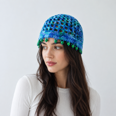 Chapeau tricoté à la main en coton tissé ajouré à pompons, collection ethnique