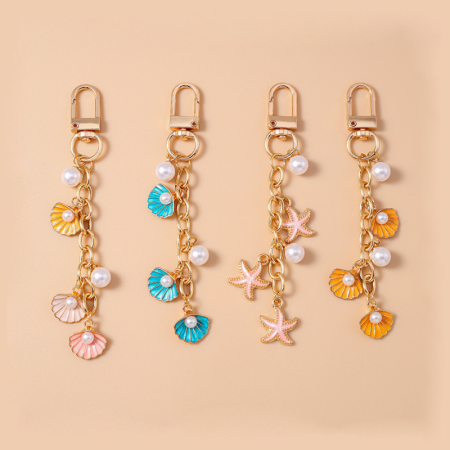 Porte-clés romantique en métal, style océan, perles, coquillage et étoile de mer, collection vacances.