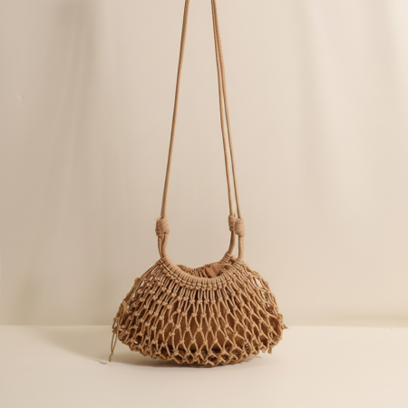 Sac rond pour femme en coton tissé uni ajouré, style vacances