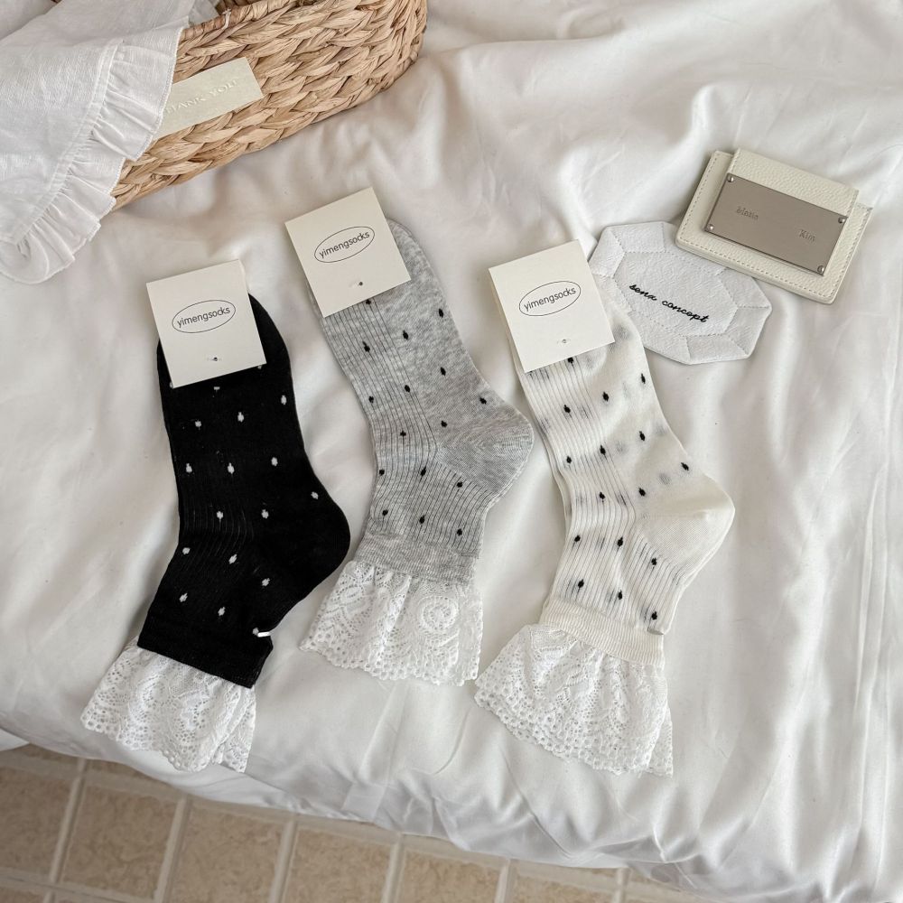 Chaussettes Mi-Mollet Élégantes À Pois En Dentelle, Légèrement Rebondissantes Image2