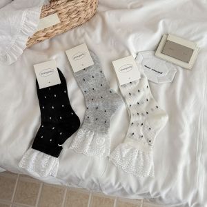 Chaussettes Mi-Mollet Élégantes À Pois En Dentelle, Légèrement Rebondissantes h5 Image2