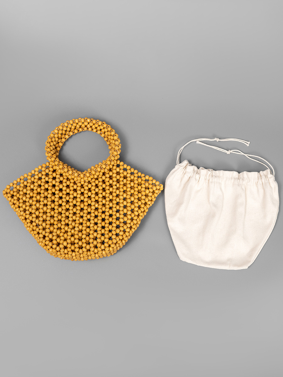 Sac Trapèze Femme En Bois Ajouré Tissé Uni Avec Perles Style Vacances h5Image5