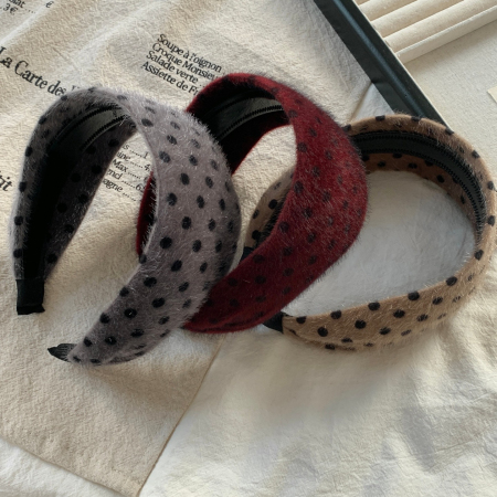 1 bandeau rétro à pois en fourrure, à large bord, pour femme