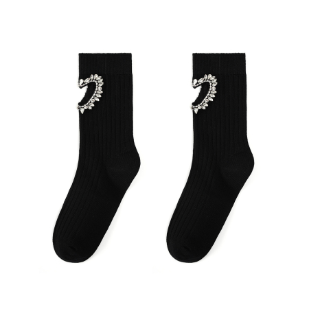 Chaussettes légères et luxueuses en pur coton tricoté avec cœur creux et strass pour femme