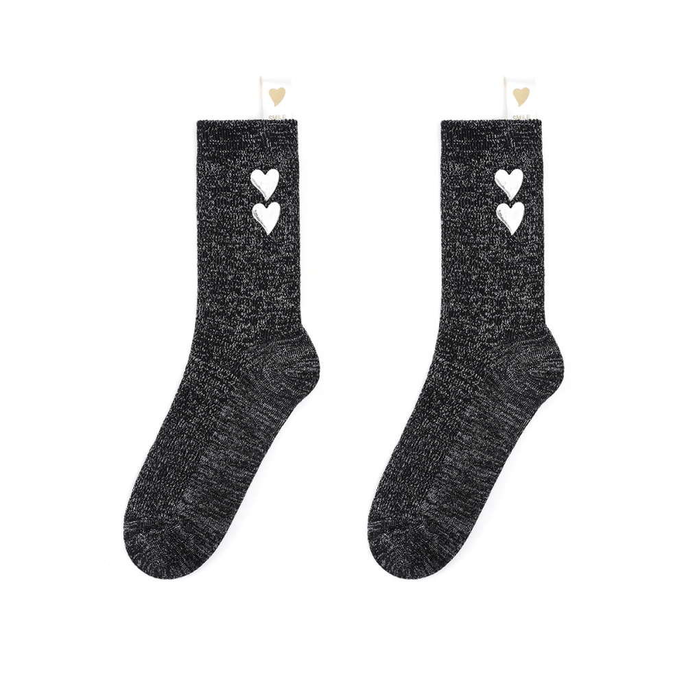 Chaussettes Mi-Mollet En Pur Coton Tricotées En Fil D'Argent En Forme De Cœur Pour Femmes 