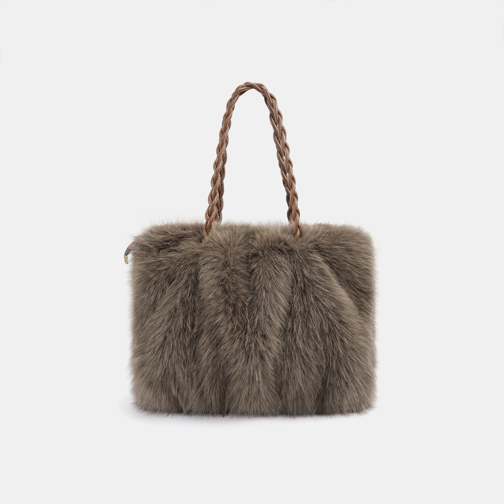 1 Sac Fourre-Tout Luxueux Pour Femme, En Fourrure Plissée, Couleur Unie h5Image2
