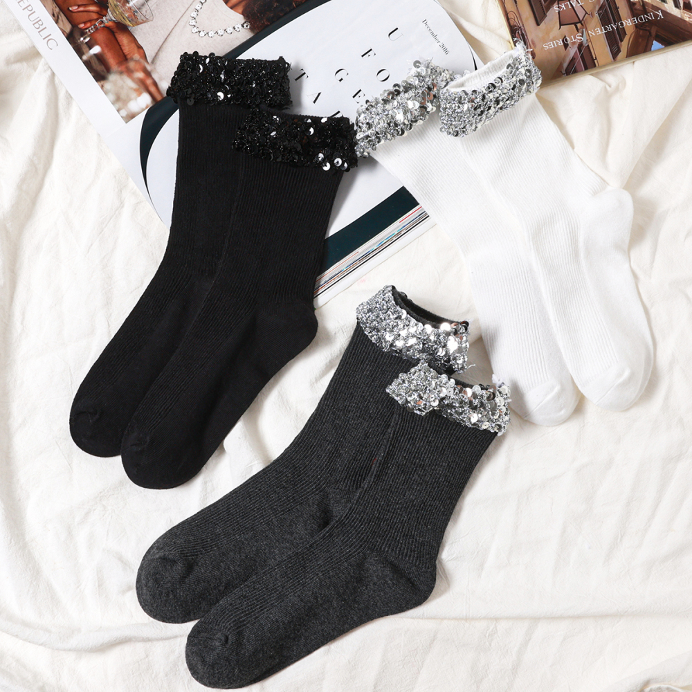 1 Paire De Chaussettes Mi-Mollet Légères Et Luxueuses En Tricot À Paillettes Pour Femme Image3