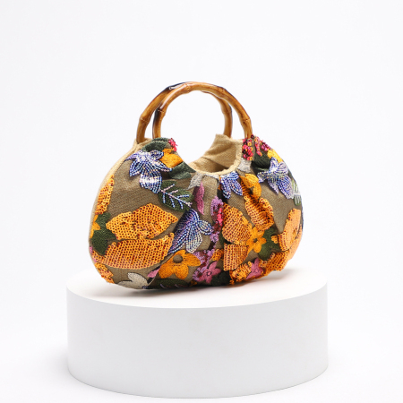 Sac à main pour femme de la série Luxueuse, orné de perles florales élégantes et doté d'une anse en bambou (motifs floraux aléatoires). 2