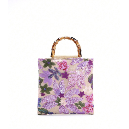 Sacs à main pour femmes en coton à motif floral élégant et romantique orné de perles et de sequins (les motifs floraux sont découpés aléatoirement)