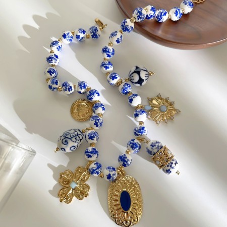 Colliers de perles rétro Qinghua en porcelaine, acier inoxydable, couleur or, étanches, pour femmes