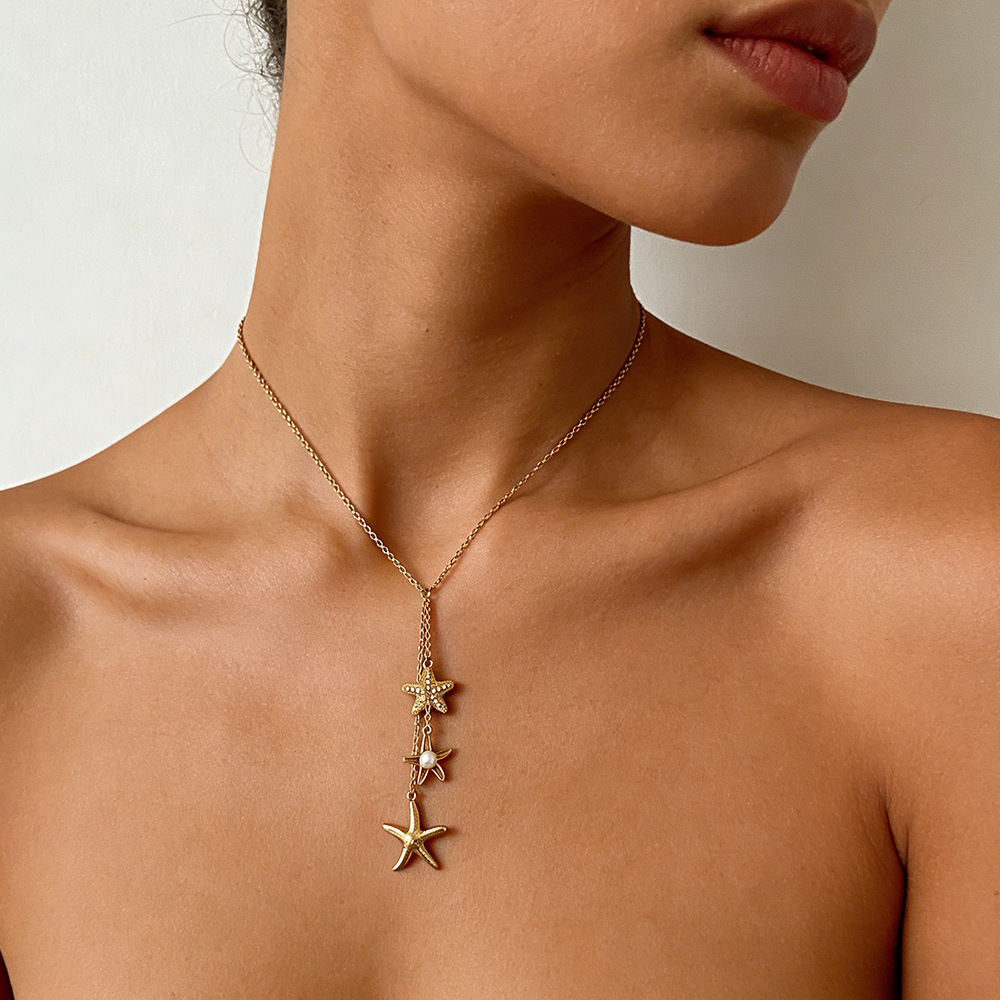 Colliers Pendentifs Pour Femmes, Style Océan, Étoile De Mer, En Acier Inoxydable Étanche, Couleur Or, Strass Et Perle h5Image3