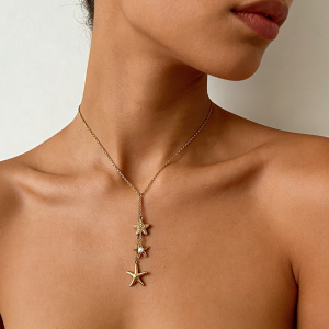 Colliers Pendentifs Pour Femmes, Style Océan, Étoile De Mer, En Acier Inoxydable Étanche, Couleur Or, Strass Et Perle h5 Image3