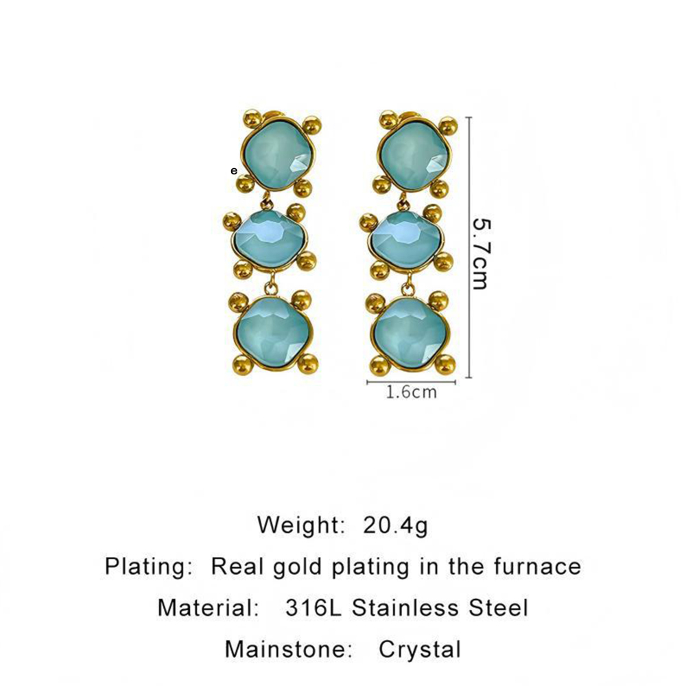 Boucles D'Oreilles Pendantes Rétro Rectangulaires En Acier Inoxydable, Étanches, Couleur Or, Avec Cristaux. 