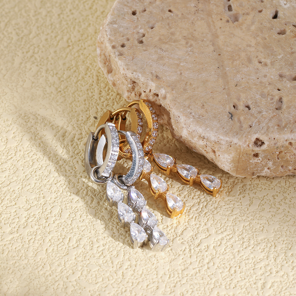 Boucles D'Oreilles Pendantes Pour Femmes, En Acier Inoxydable Étanche, Couleur Or, Avec Zircon. Image3