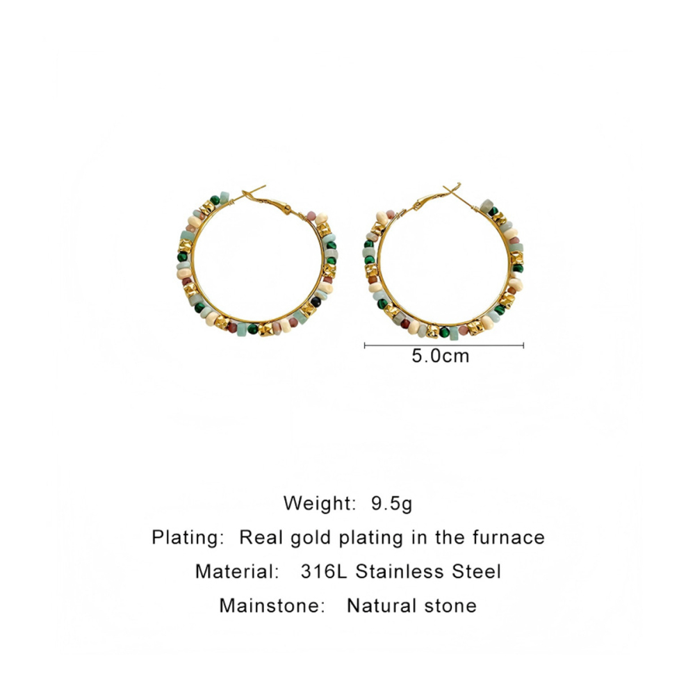 Boucles D'Oreilles Créoles Pour Femmes, En Acier Inoxydable, Couleur Or, Avec Perles De Pierre Naturelle Et Étanchéité. 