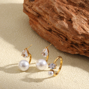 Boucles D'Oreilles Élégantes En Acier Inoxydable, Imperméables, Couleur Or, Avec Zircon Et Perle. h5 Image3
